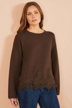 Yumi Brown Viscose Relaxed Jumper With Lace Trim