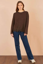 Yumi Brown Viscose Relaxed Jumper With Lace Trim
