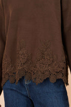 Yumi Brown Viscose Relaxed Jumper With Lace Trim