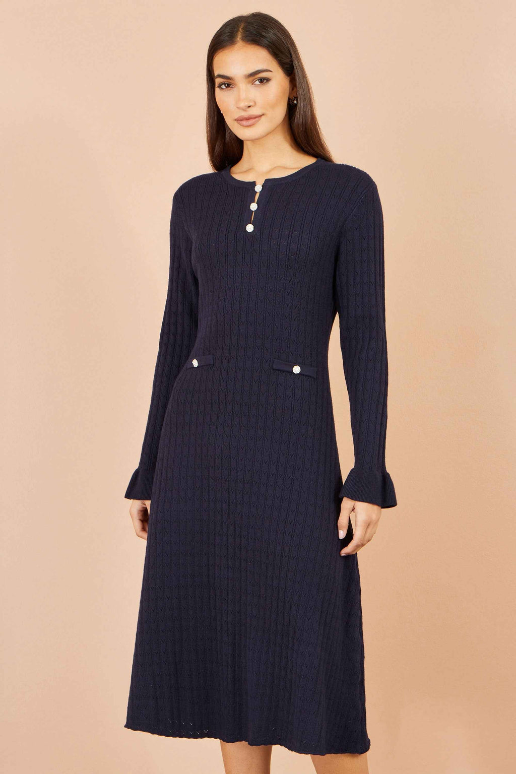 Yumi Navy Viscose Knitted Midi Dress With Buttons