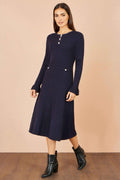 Yumi Navy Viscose Knitted Midi Dress With Buttons