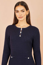 Yumi Navy Viscose Knitted Midi Dress With Buttons