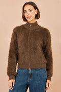 Yumi Brown Eyelash Zip Knitted Jacket