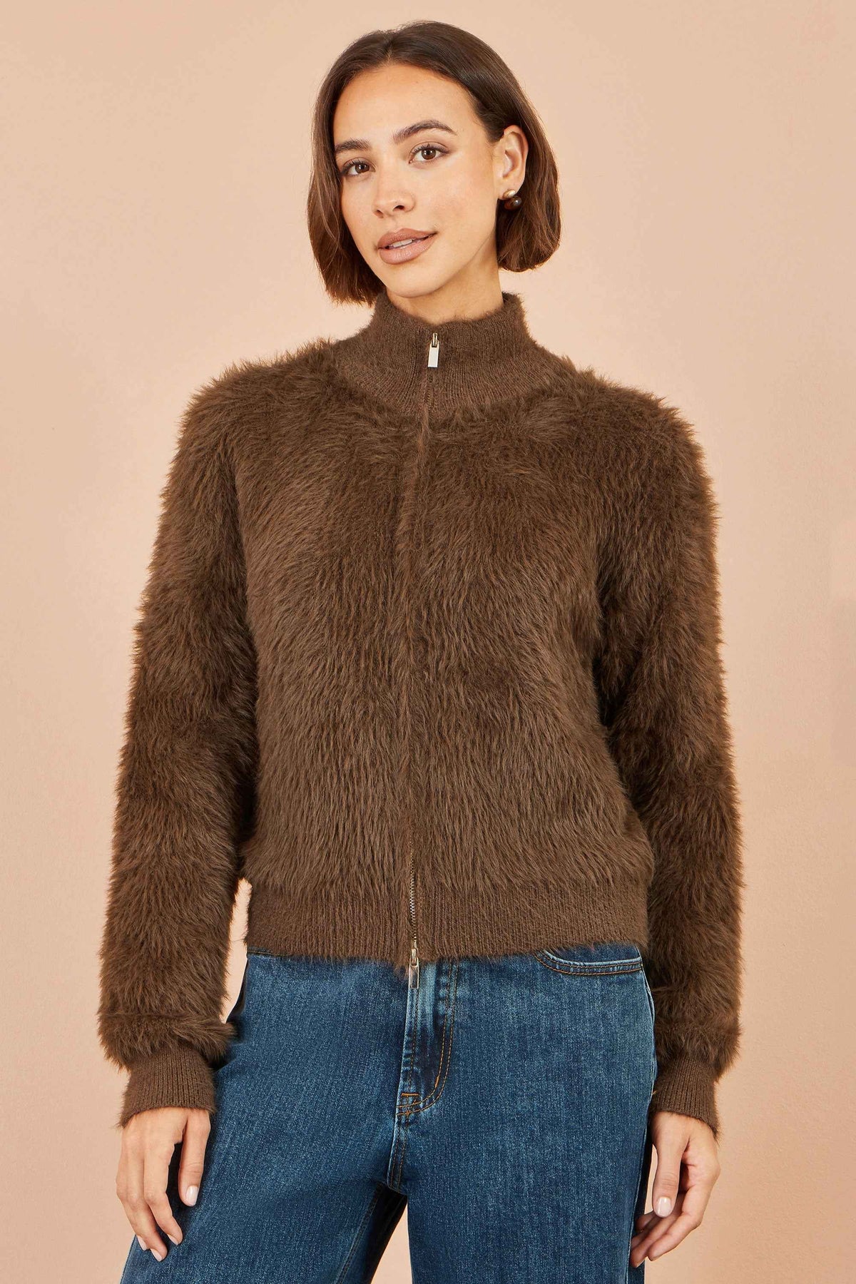 Yumi Brown Eyelash Zip Knitted Jacket