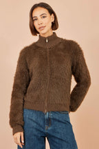 Yumi Brown Eyelash Zip Knitted Jacket