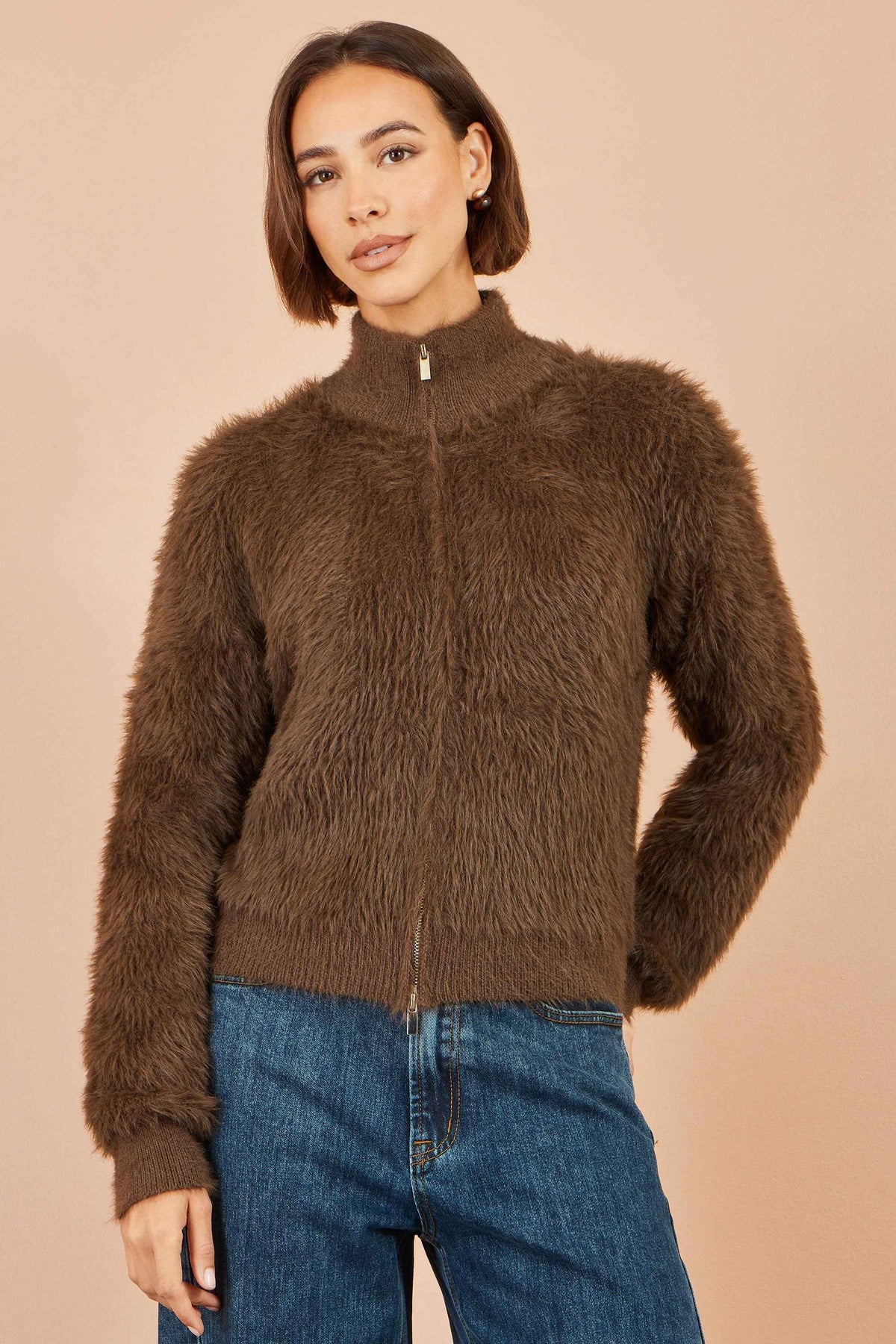 Yumi Brown Eyelash Zip Knitted Jacket