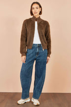 Yumi Brown Eyelash Zip Knitted Jacket