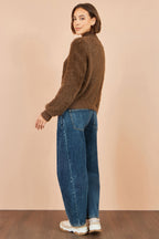 Yumi Brown Eyelash Zip Knitted Jacket