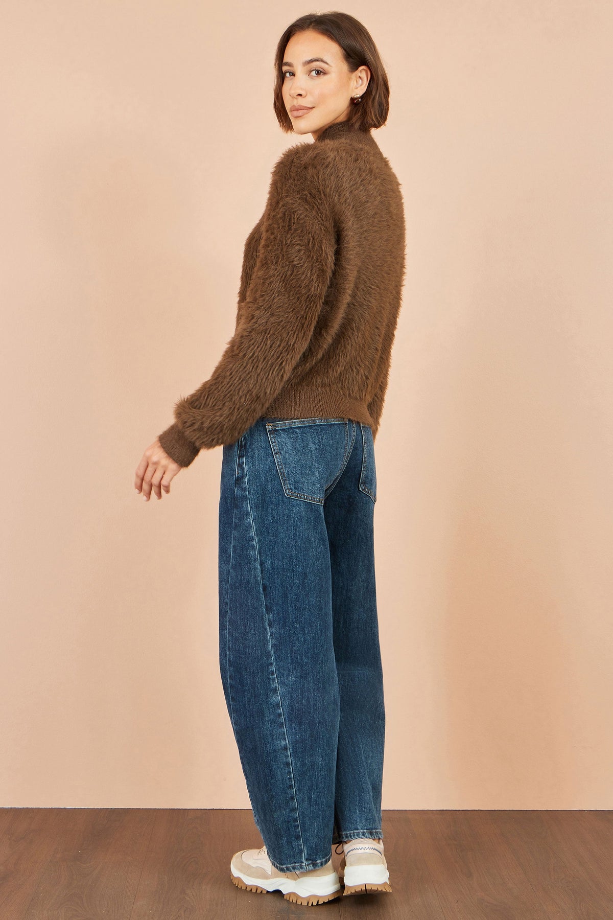 Yumi Brown Eyelash Zip Knitted Jacket