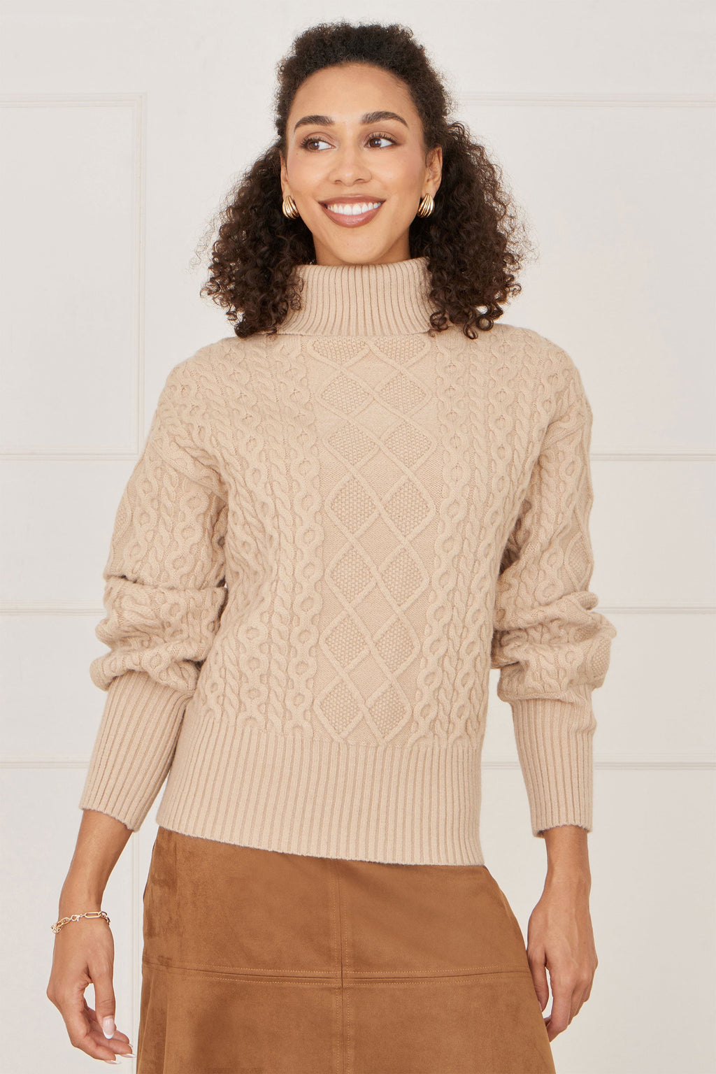 Yumi Beige Cable Knit Roll Neck Jumper