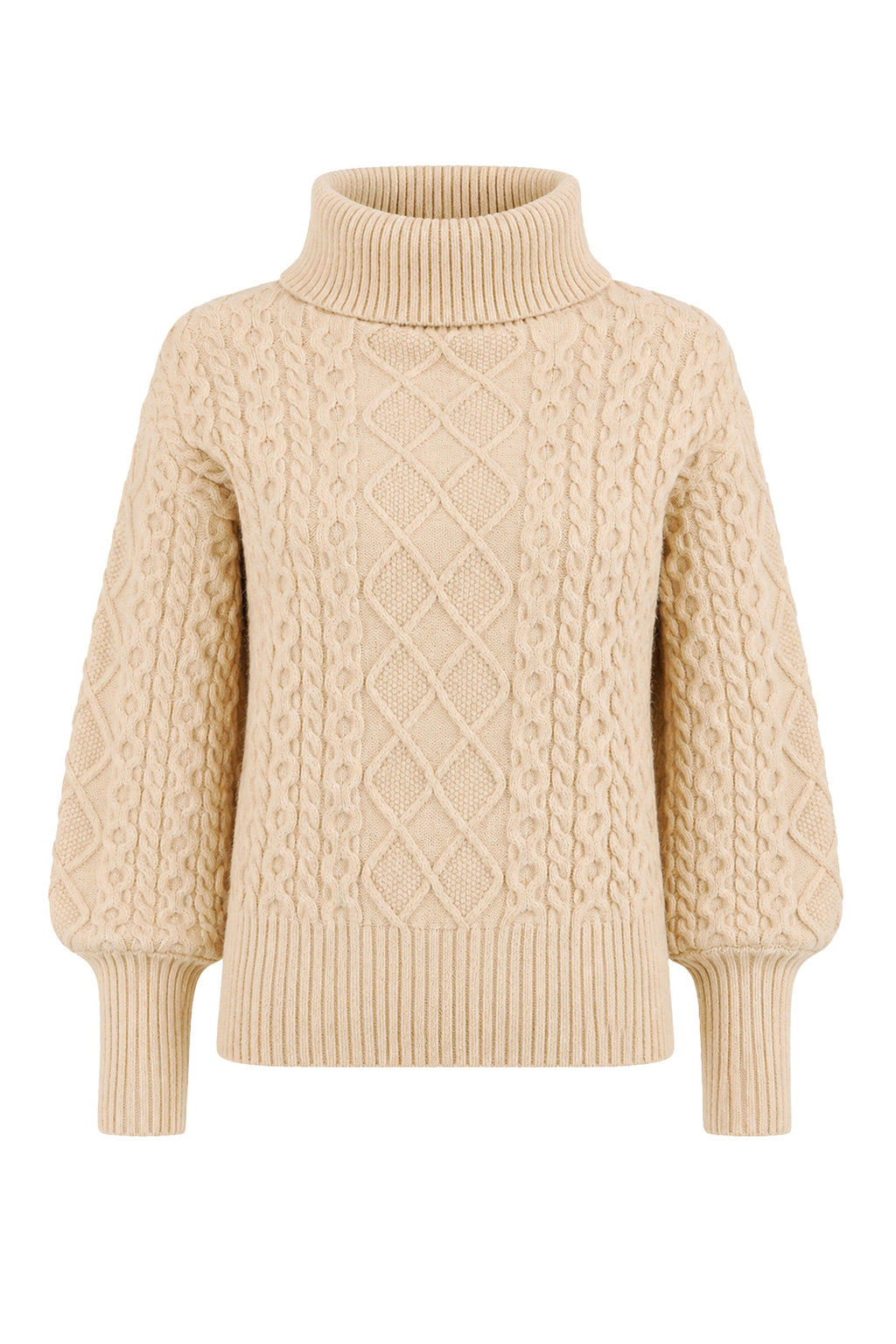 Yumi Beige Cable Knit Roll Neck Jumper