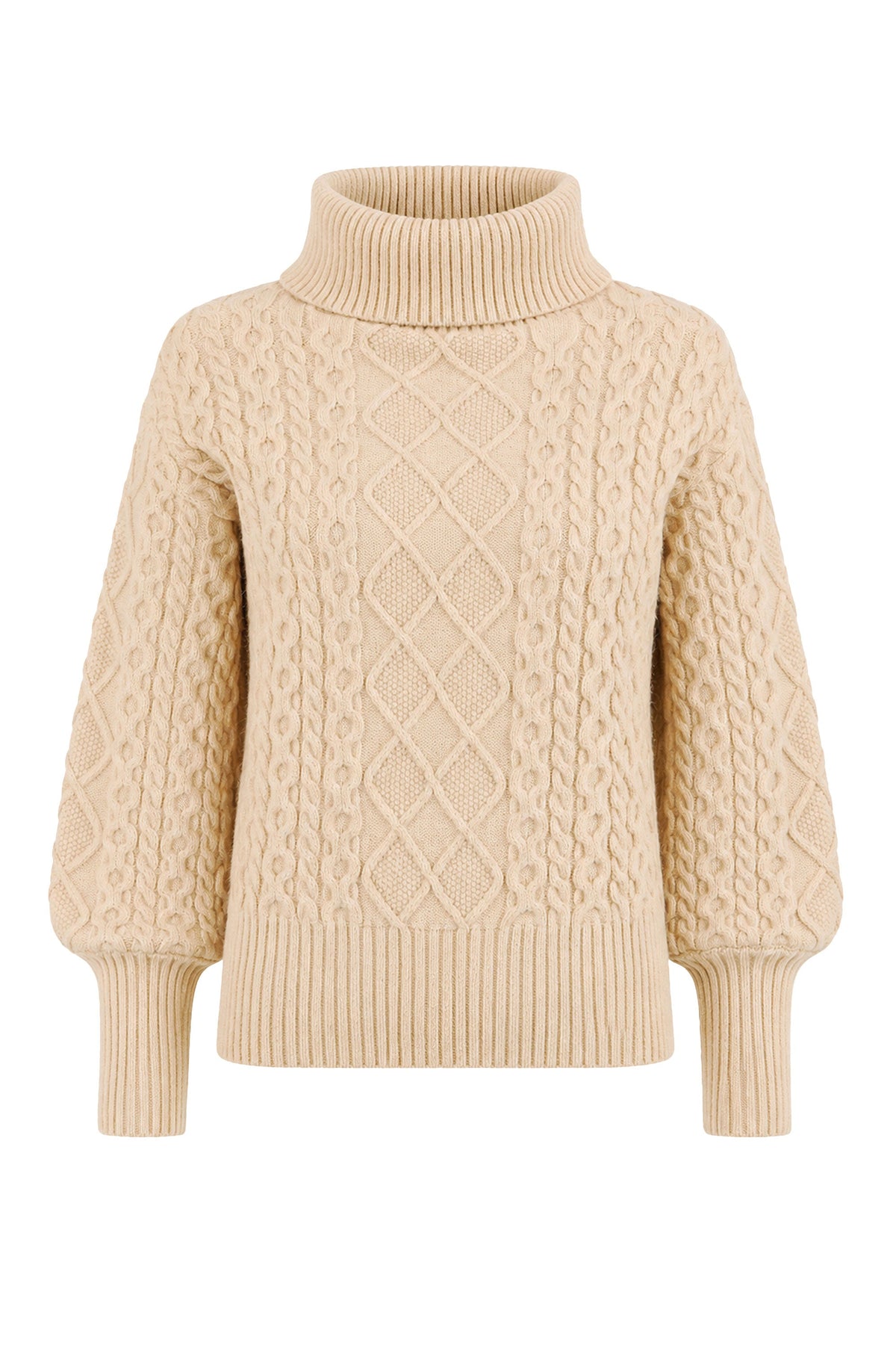 Yumi Beige Cable Knit Roll Neck Jumper