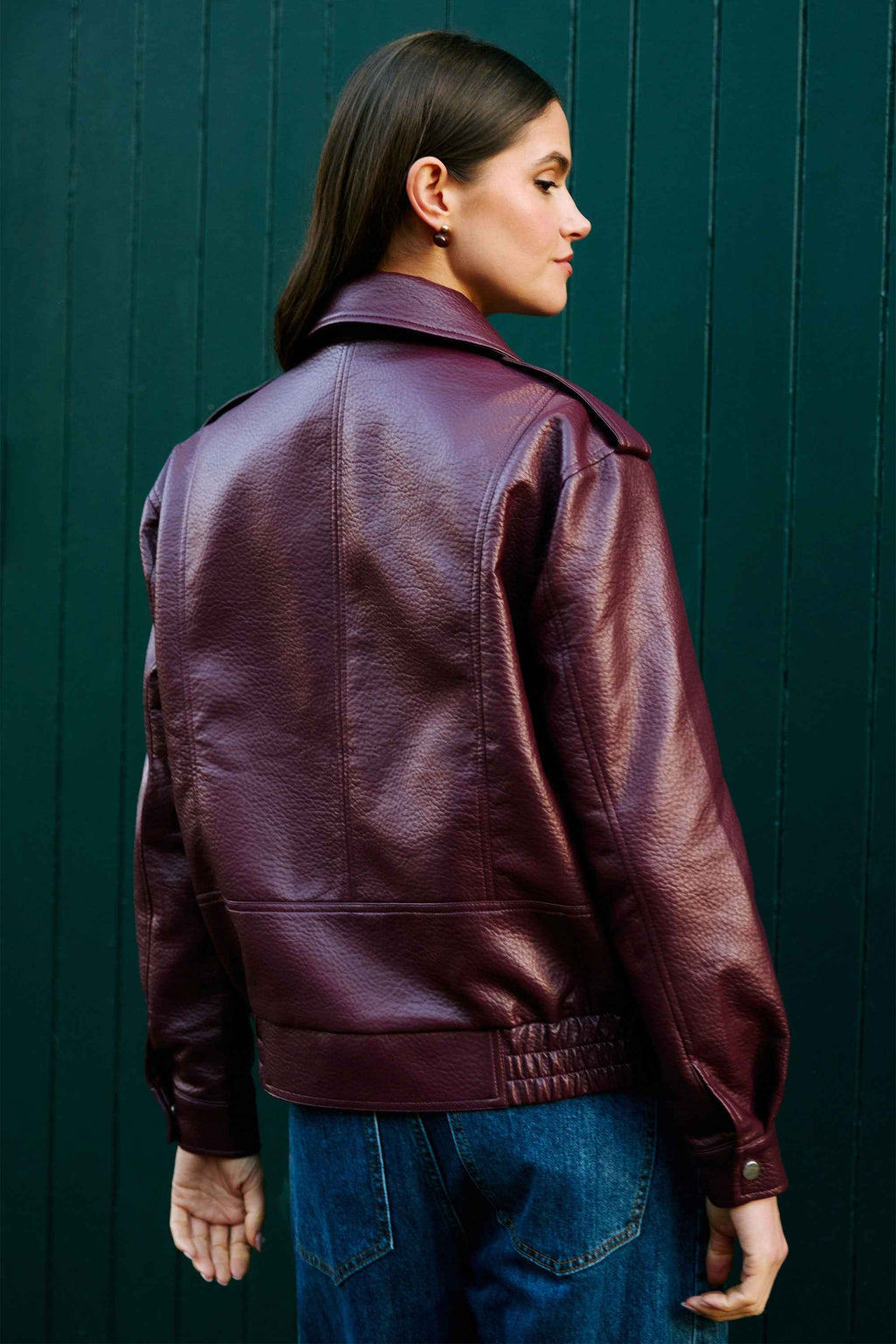 Yumi Burgundy Faux Leather Bomber Jacket