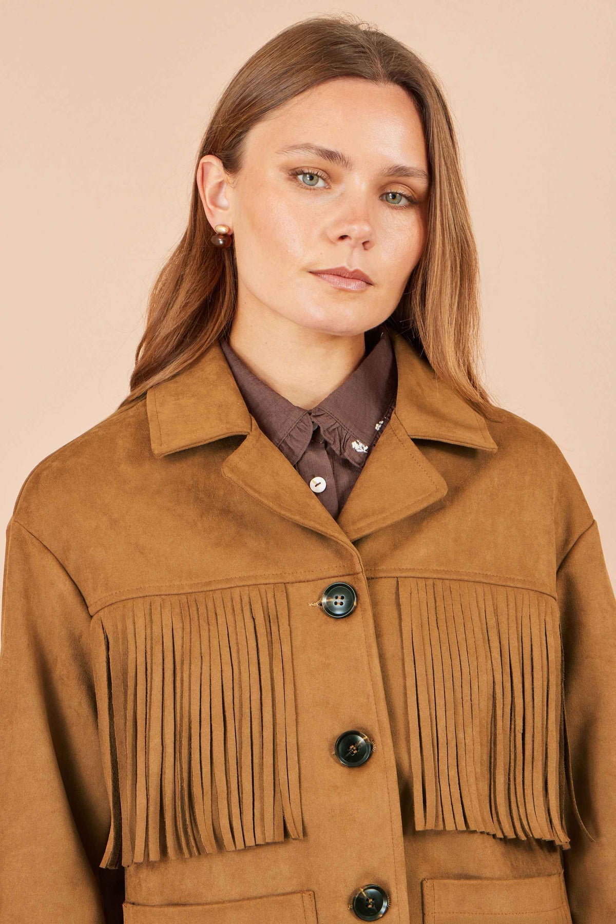 Yumi Brown Faux Suede Tassel Jacket