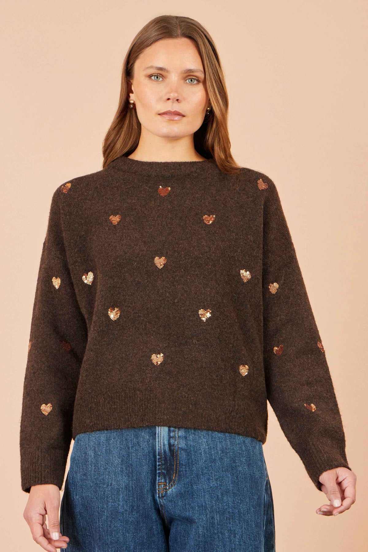 Yumi Brown Sequin Heart Relaxed Jumper