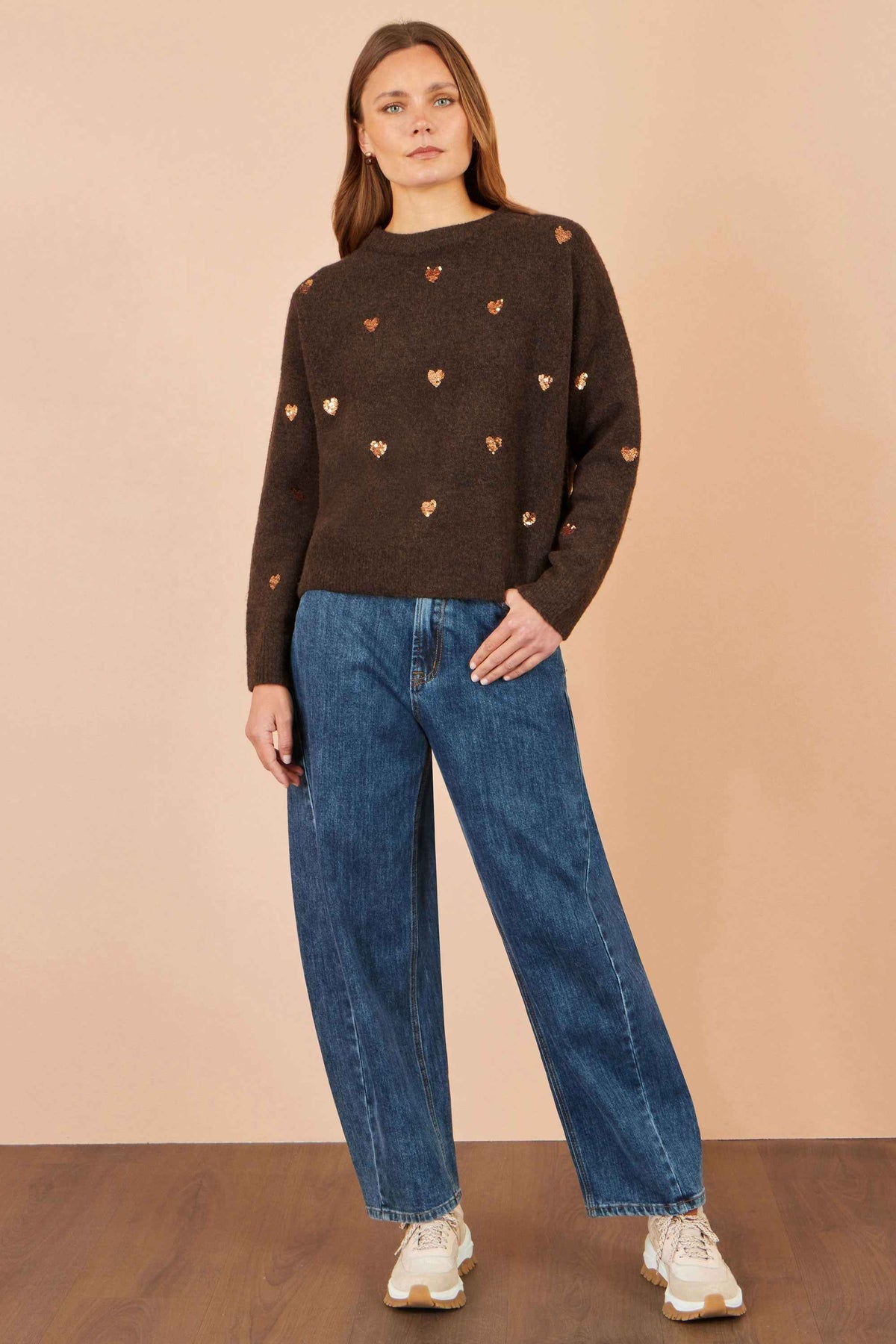 Yumi Brown Sequin Heart Relaxed Jumper