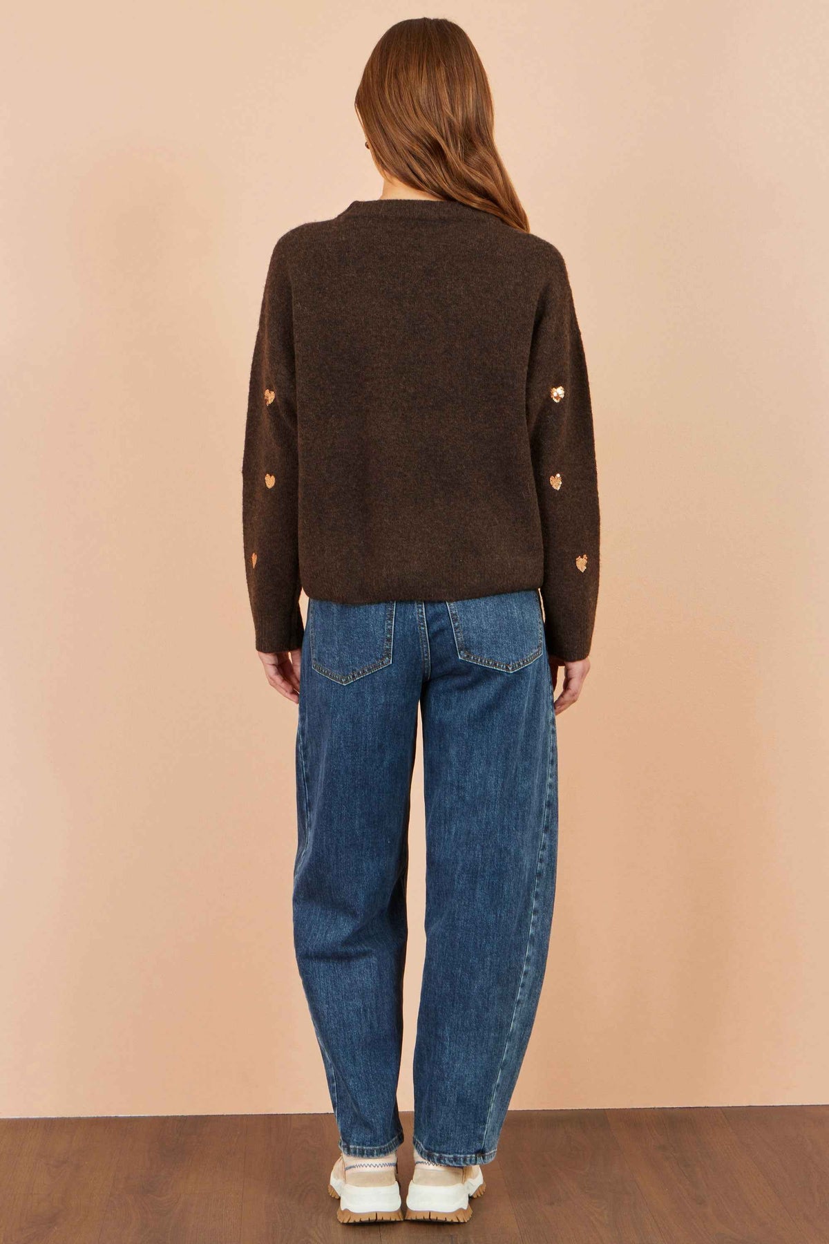 Yumi Brown Sequin Heart Relaxed Jumper