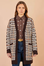 Yumi Brown Knitted Check Long Cardigan