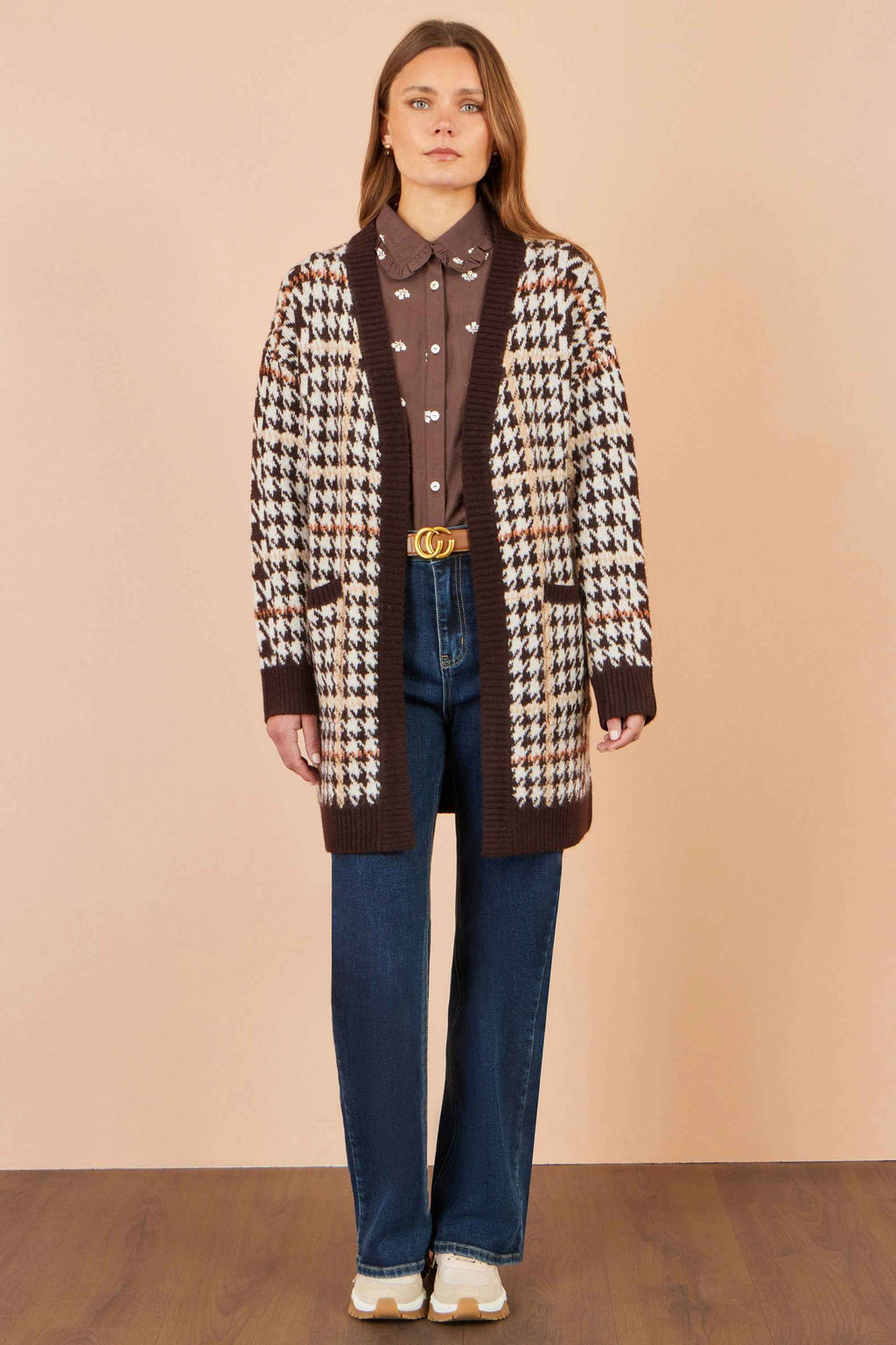 Yumi Brown Knitted Check Long Cardigan