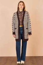 Yumi Brown Knitted Check Long Cardigan