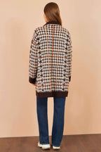Yumi Brown Knitted Check Long Cardigan