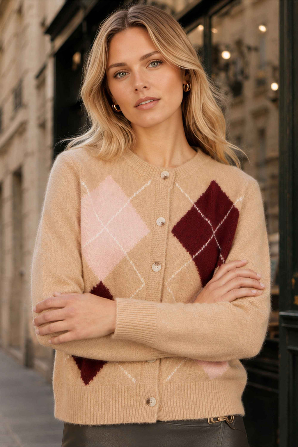 Yumi Beige Argyll Knitted Cardigan