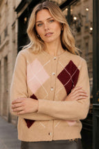Yumi Beige Argyll Knitted Cardigan
