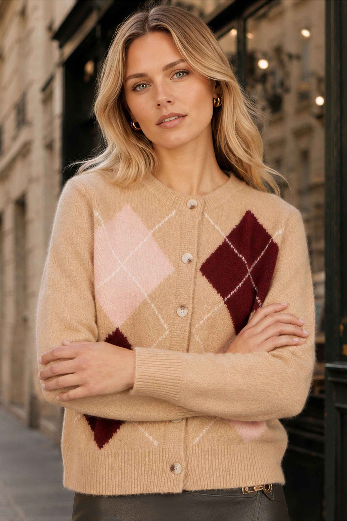 Yumi Beige Argyll Knitted Cardigan