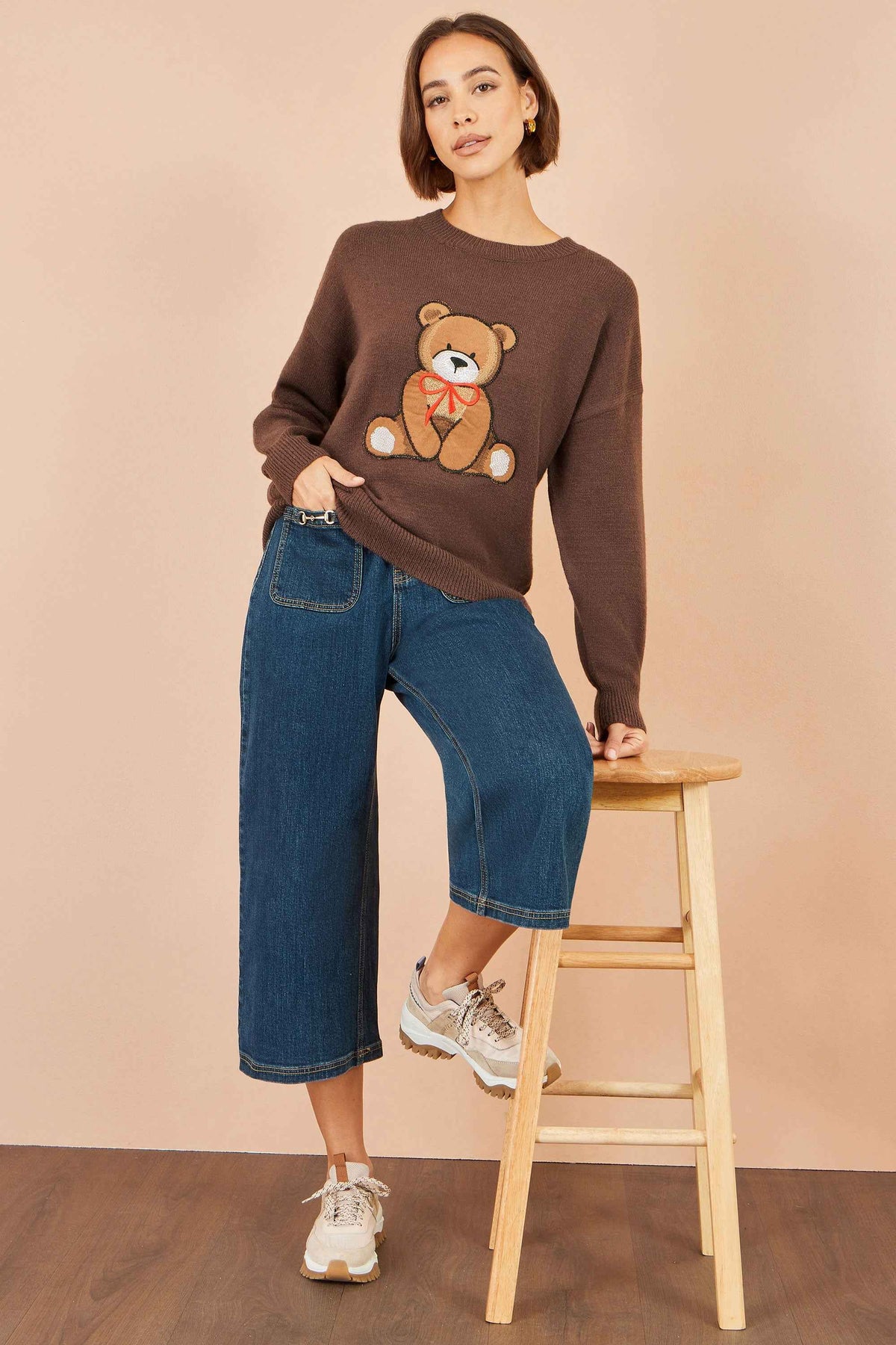 Yumi Brown Teddy Bear Relaxed Jumper