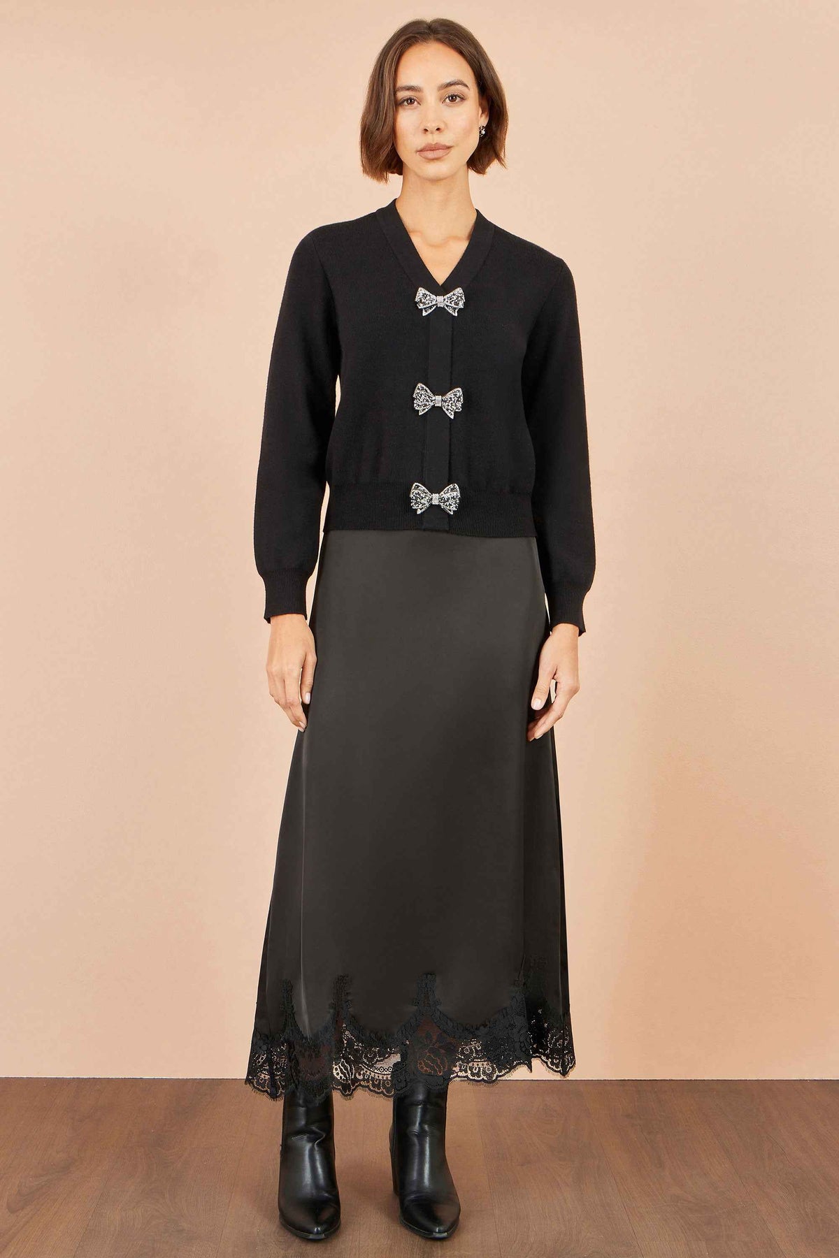 Yumi Black Sparkle Bow Cardigan