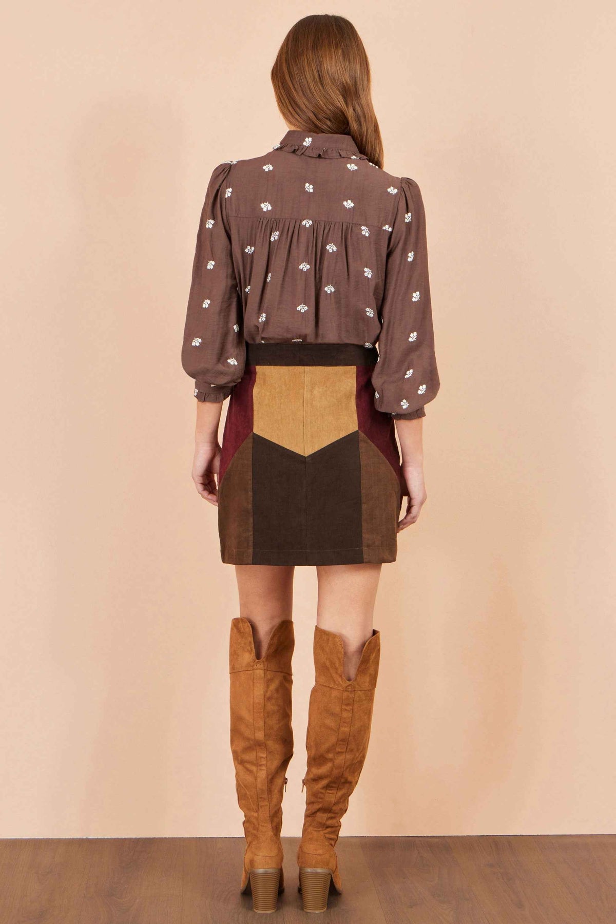 Yumi Multicolour Patchwork Cord Mini Skirt
