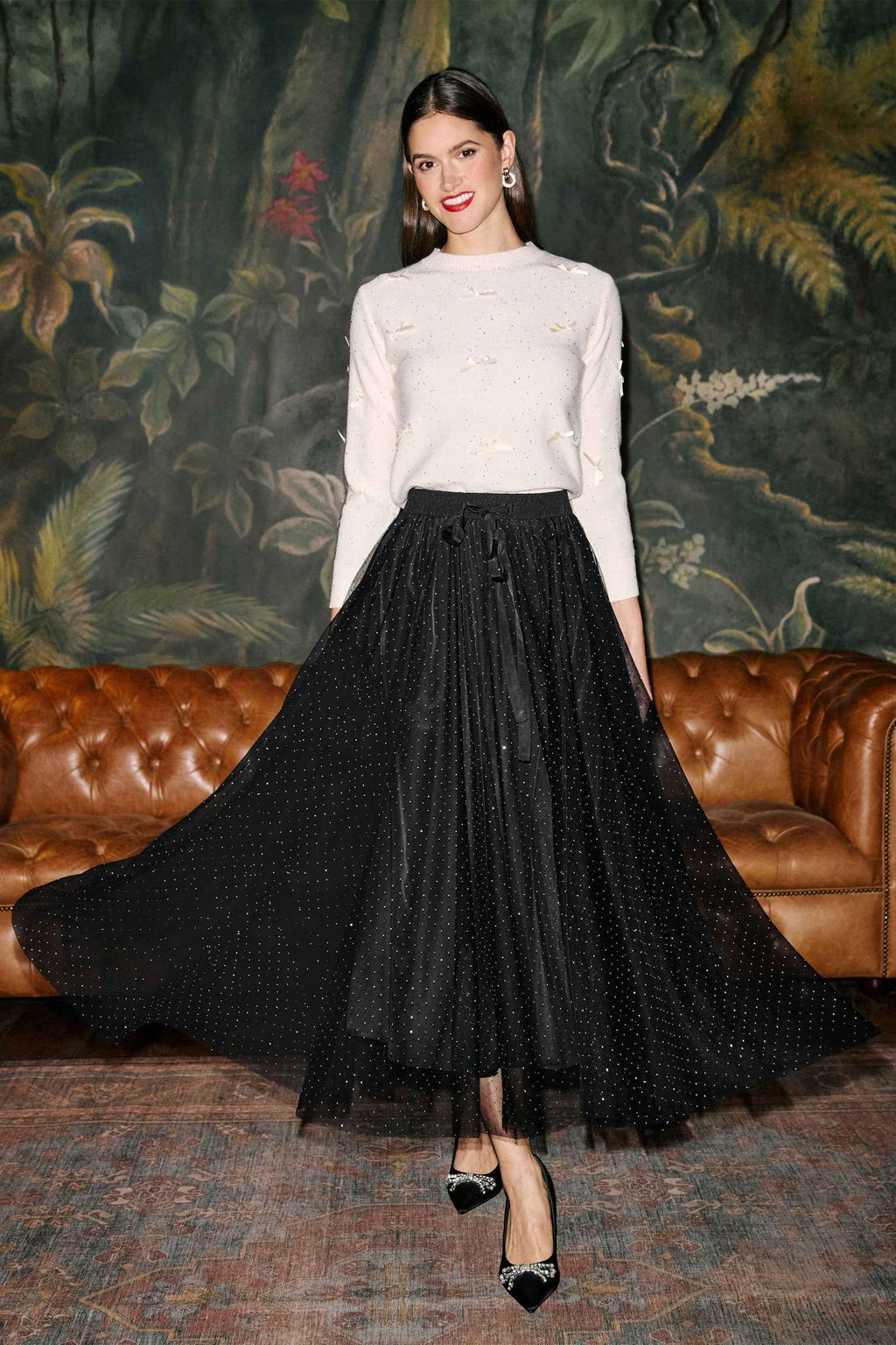 Yumi Black Diamonte Tulle Midi Skirt