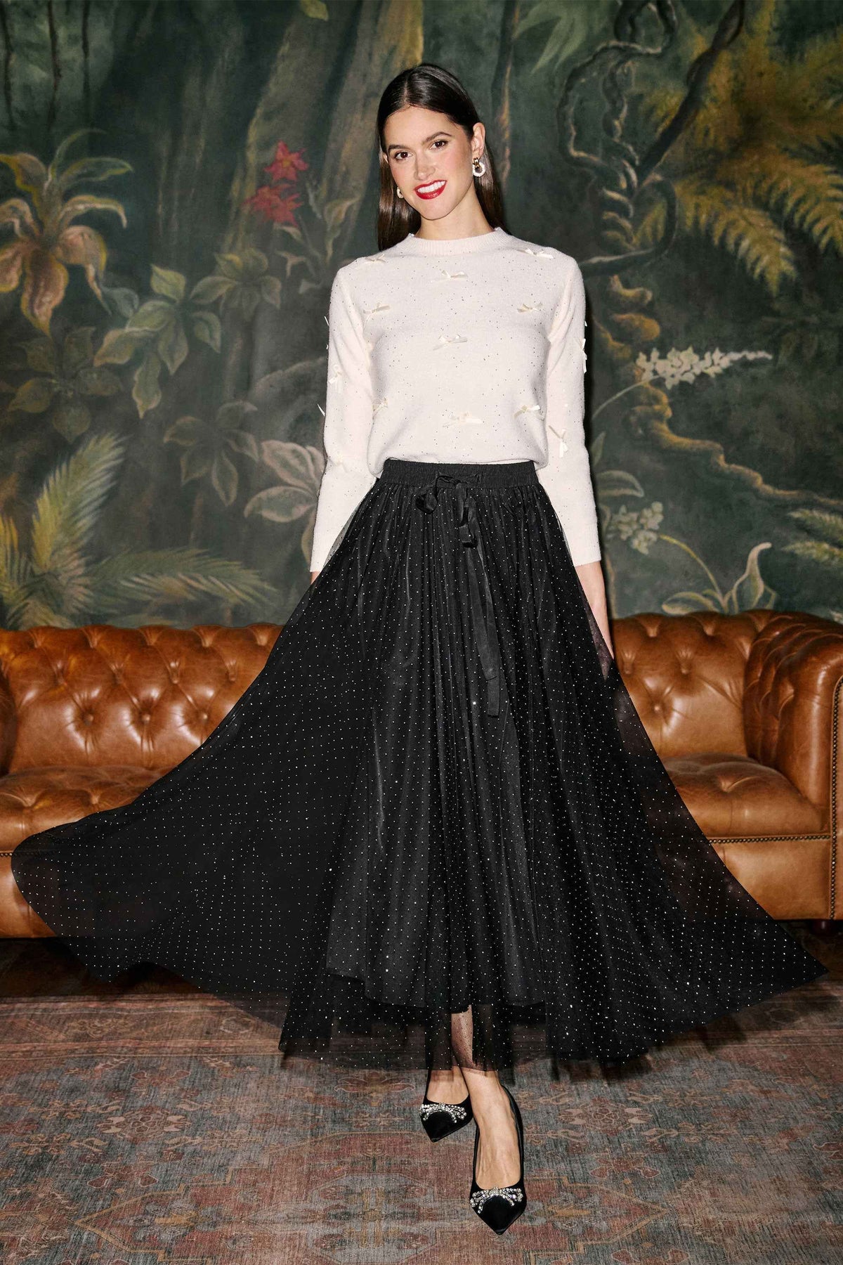 Yumi Black Diamonte Tulle Midi Skirt