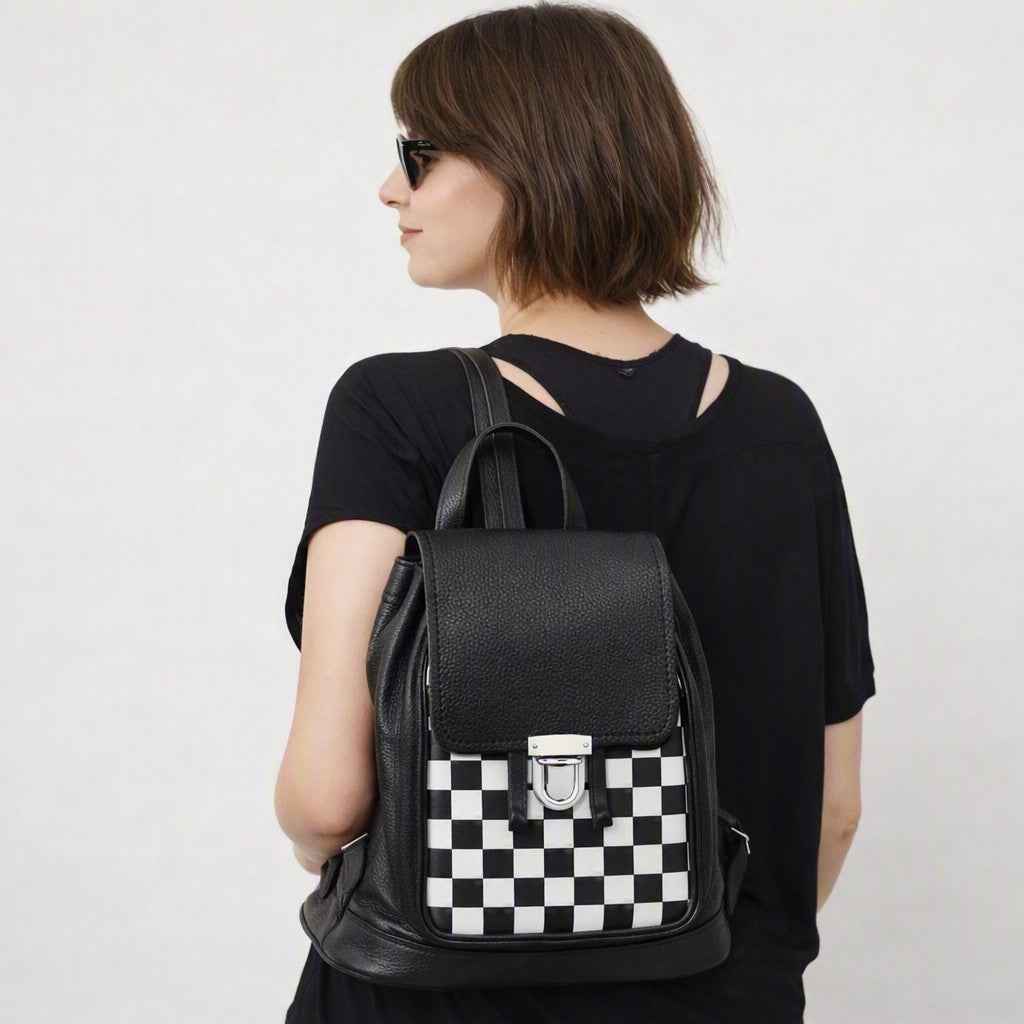 Soft Leather Backpack - Black & White Checkerboard