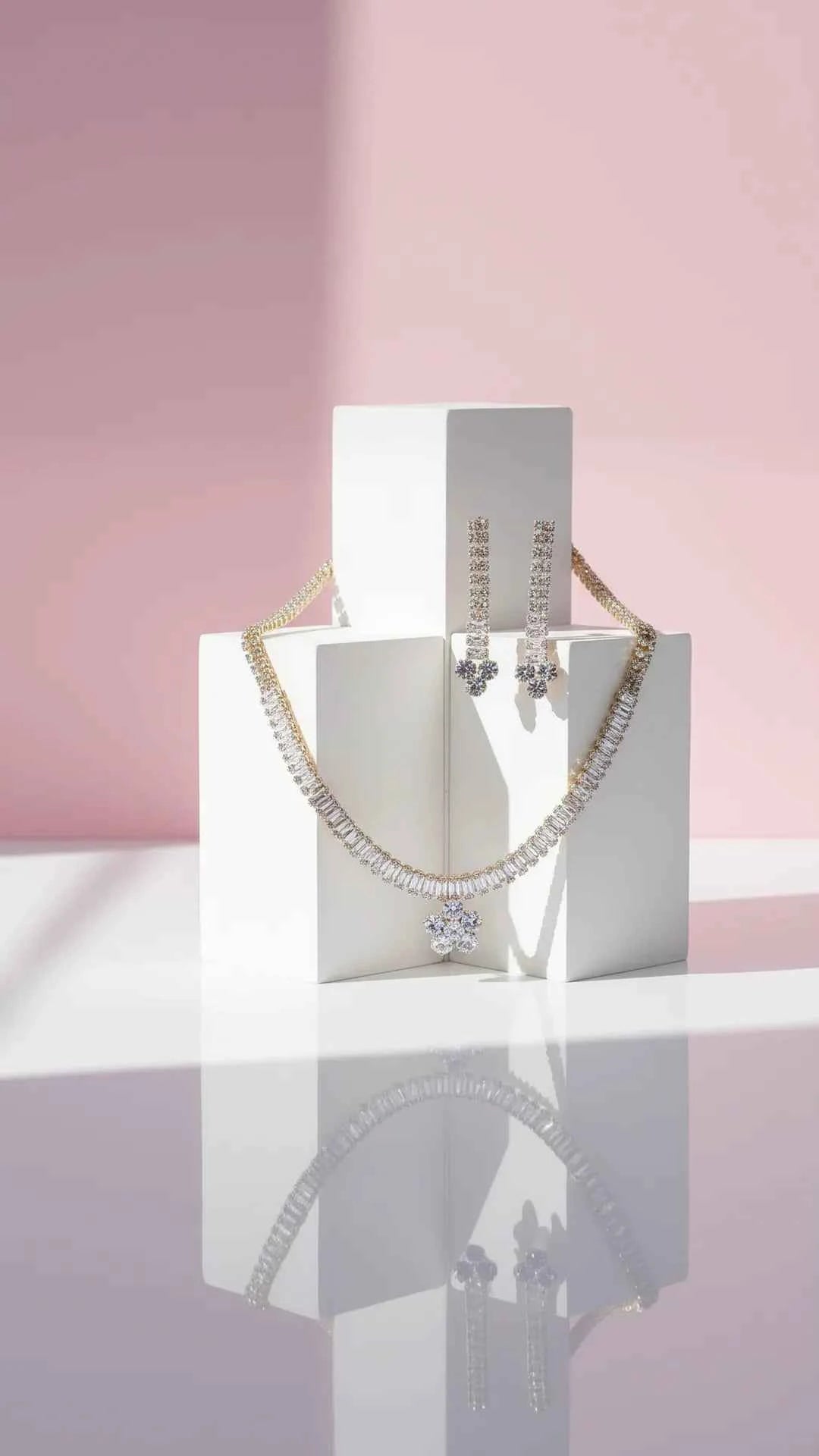 Flower Baguette Cut Crystal Necklace & Earrings Set
