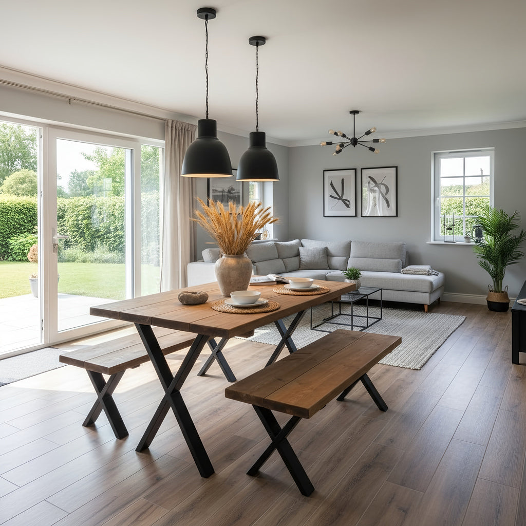 Farmhouse Dining Table With Bench and Black Metal Cross Legs