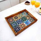 Olive Wood Rectangular Olive Wood Marble effect Tray with Handle