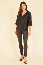 Yumi Black Sequin Top With Fluted Sleeve