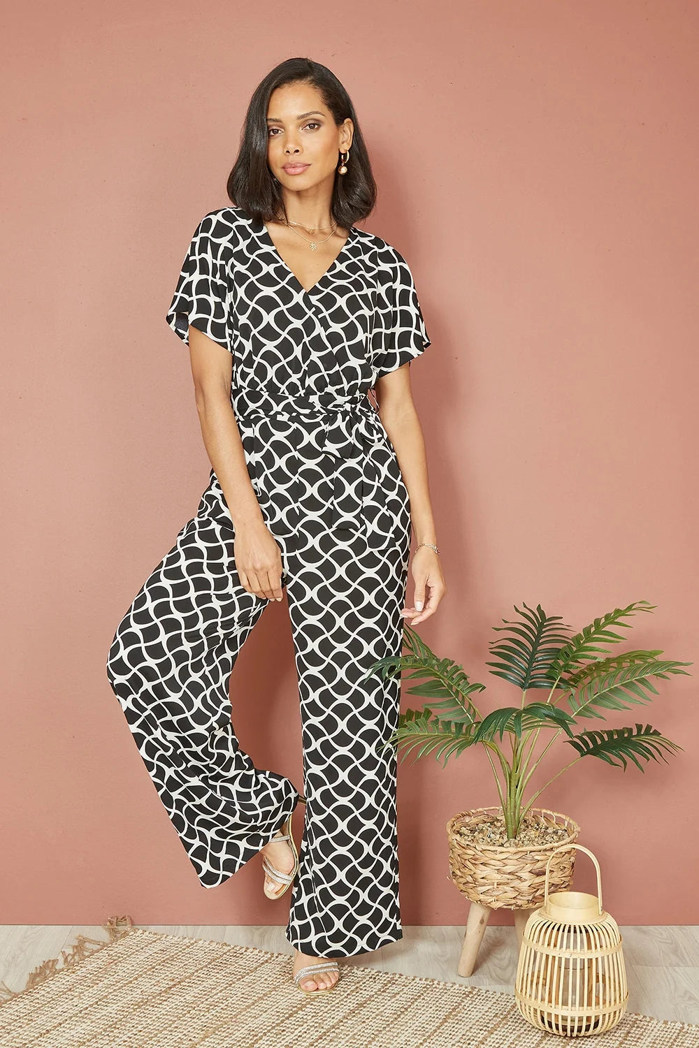 Yumi Black Geometric Print Wrap Jumpsuit