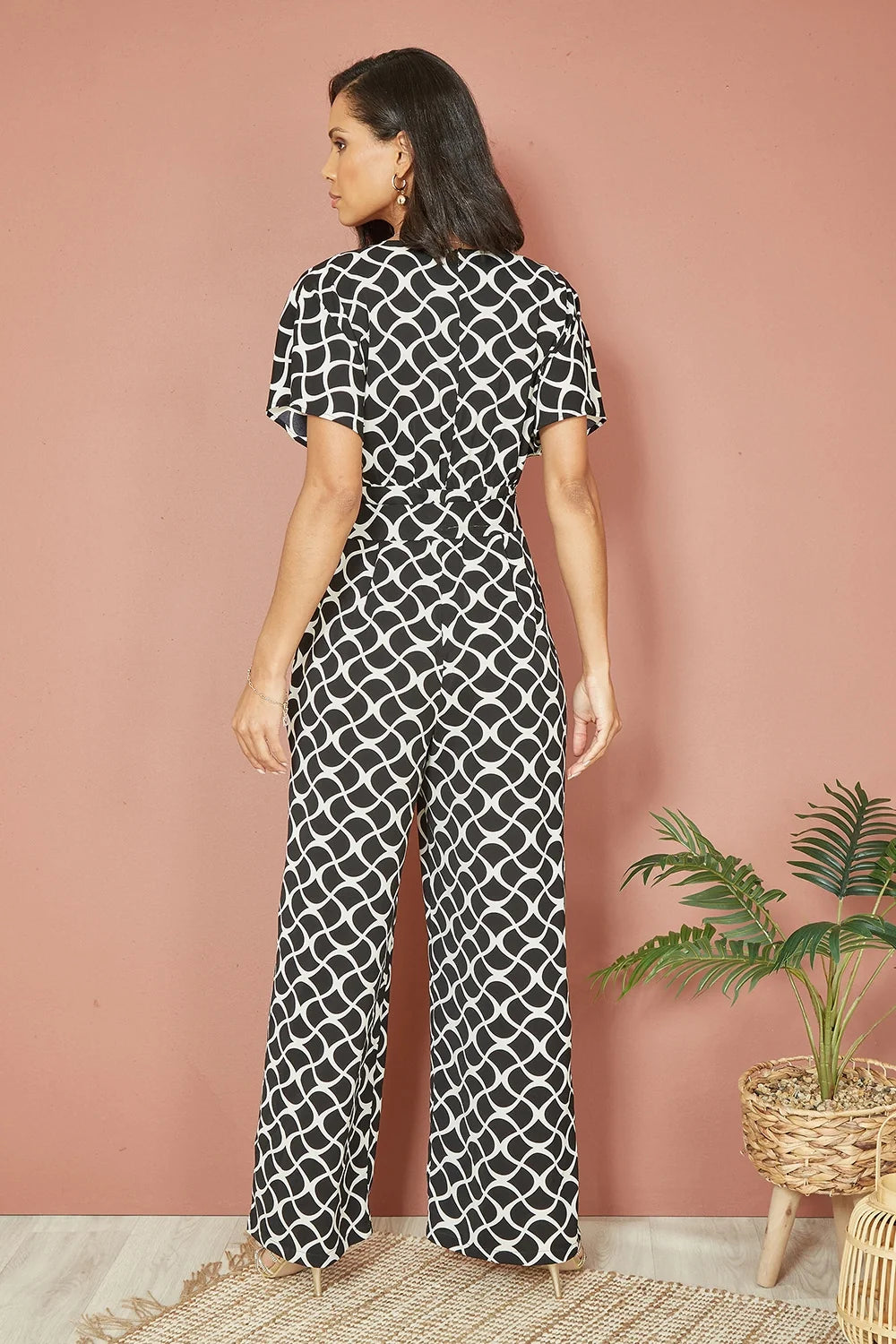 Yumi Black Geometric Print Wrap Jumpsuit