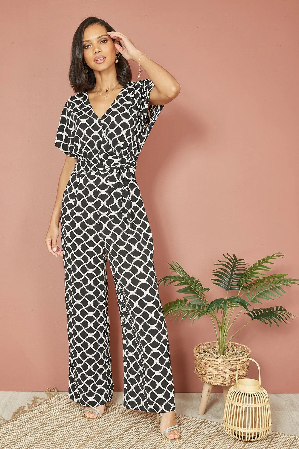 Yumi Black Geometric Print Wrap Jumpsuit