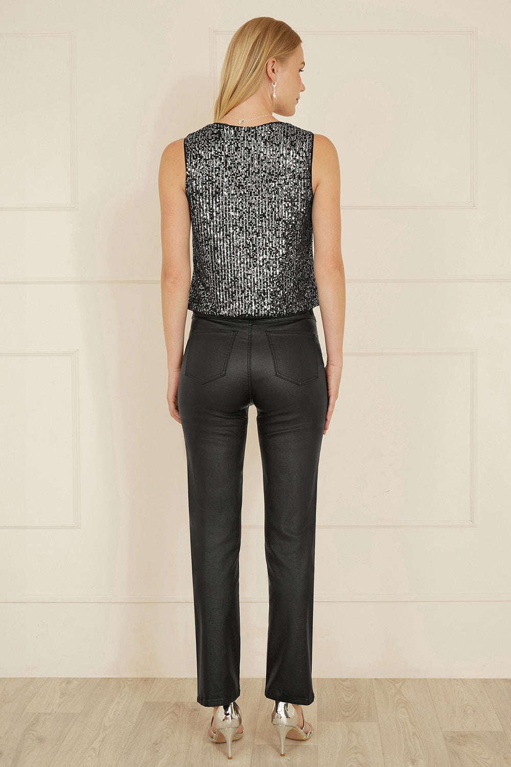 Yumi Black Sequin Tie Front Waistcoat