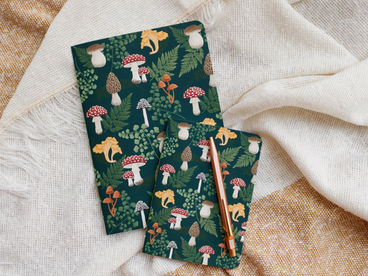 A6 Handmade Notebook with Mushroom & Fern Design