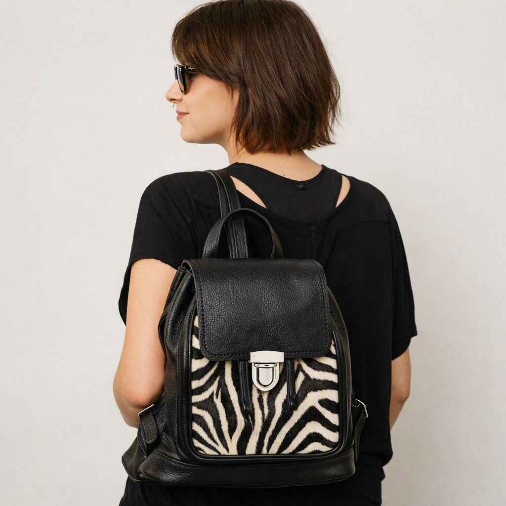 Soft Leather Backpack - Black & White Zebra Print